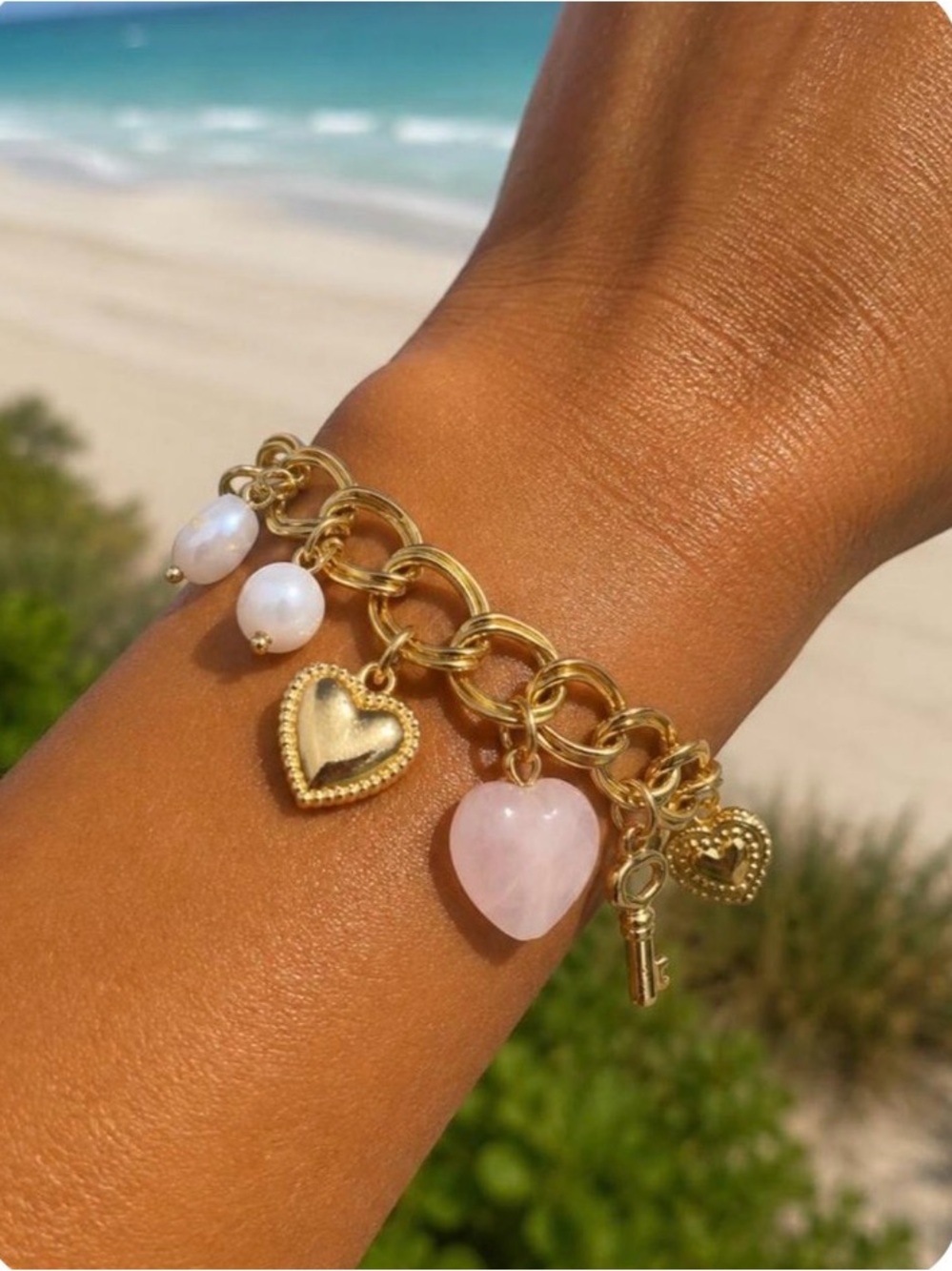 Stunning Camilo Coelho charm bracelet with freshwater pearls & rose quartz